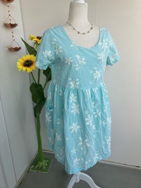 Vintage 90s Y2K Bright Light Teal Blue White Floral Cotton Babydoll Mini Dress